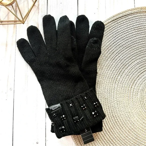 VICTORIA'S SECRET BLACK BLING GEM SPARKLE KNIT SOFT GLOVES MITTENS Tech … - Picture 2 of 5